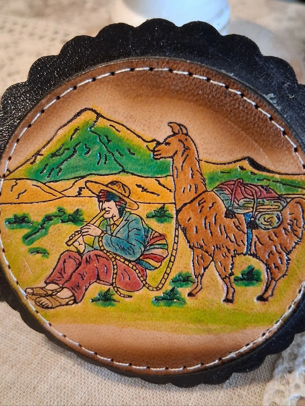 Vintage Hand Tooled Leather Coasters 6 Different BOLIVIAN Scenes